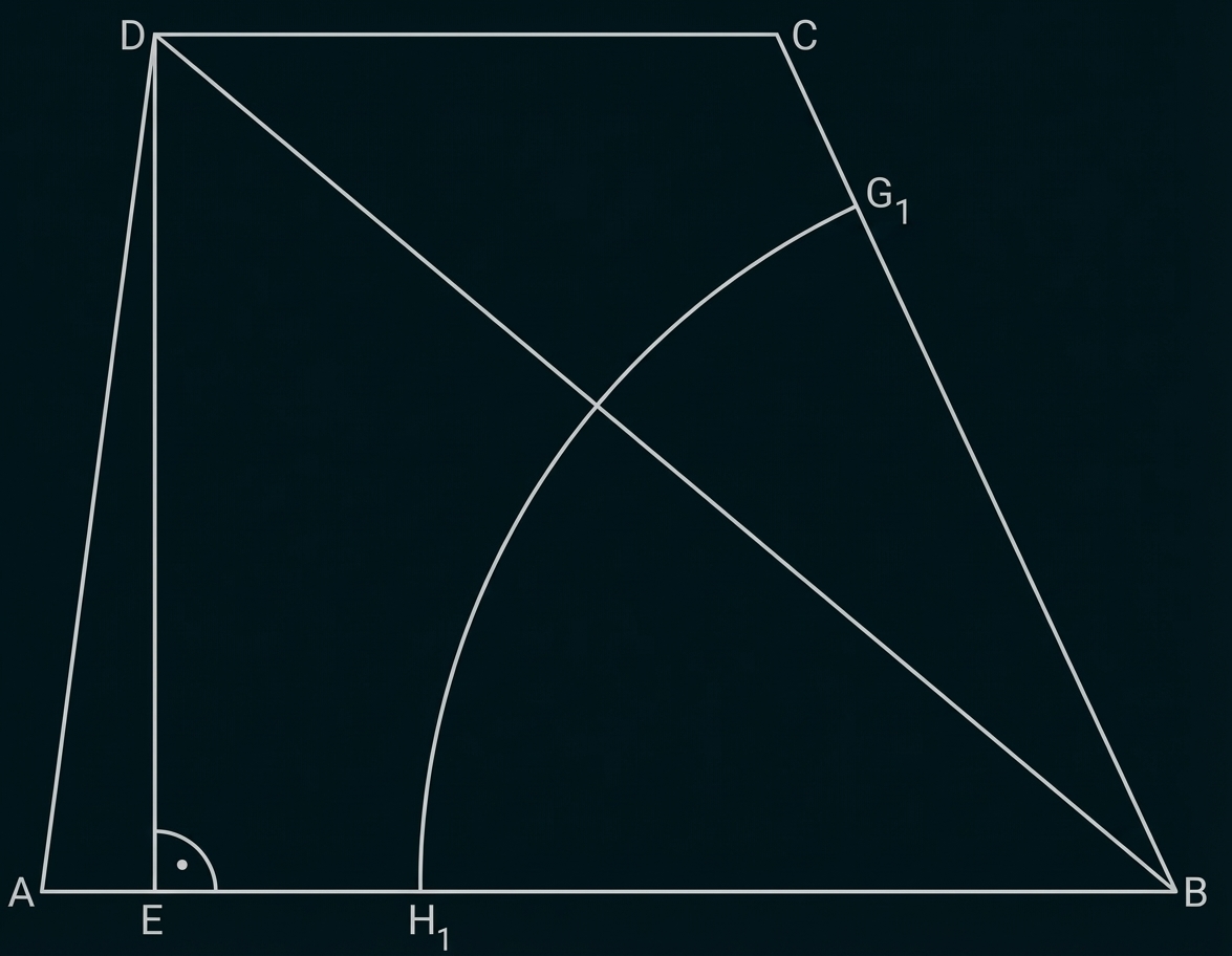Geometrische Skizze: schräges Trapez mit Diagonale, Halbkreis-Bogen auf Basis, rechter Winkel bei E, beschriftete Punkte A B C D E H1 G1
